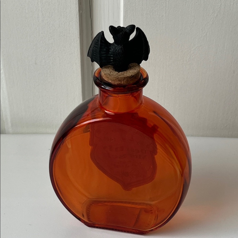 Orange Glass Potion Bottle “Deathly Morsels” Decor with Bat Stopper Halloween - Picture 4 of 5